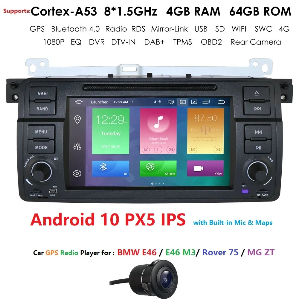 DSP 4+64 Android 10 autorádia pre BMW E46 M3 318i 320i 325i s MirrorLink Žiadne DVD auto multimediálne Stereo Navi RDS DVR SWC BT, SD