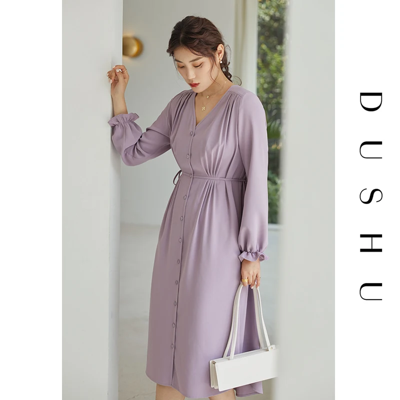 DUSHU V krku svetlice rukáv dlhý šifón šaty Žien obväz slim purpel elegantné šaty Plus veľkosť žena jeseň office šaty 2020