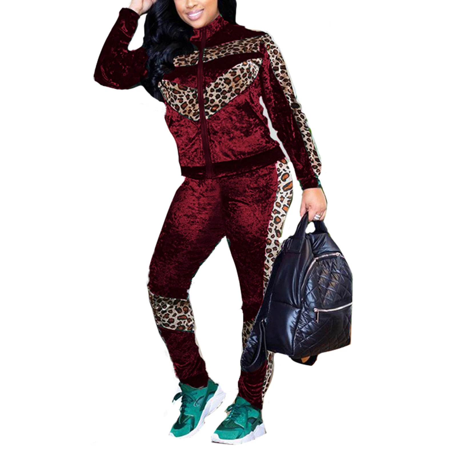 Dve Kus Velvet Patchwork Leopard Ženy Sady Dlhý Rukáv Zips Outwear Vysoký Pás Nohavice Ženskej Módy Voľné Jeseň Oblečenie