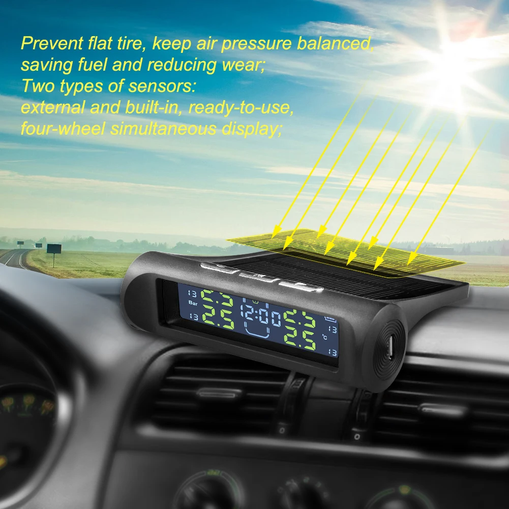 E-01D 2 v 1 Auto Solárne TPMS Hodiny LCD Displej Automatické Tlaku v Pneumatikách Monitorovanie Teploty Alarm Systém so 4 Senzormi