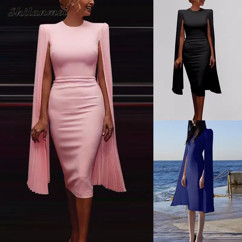 Elegantné Cape Rukáv Šaty ženy štíhle pevné sexy bodycon šaty žena 2019 office lady pracovné odevy vintage hip package party šaty