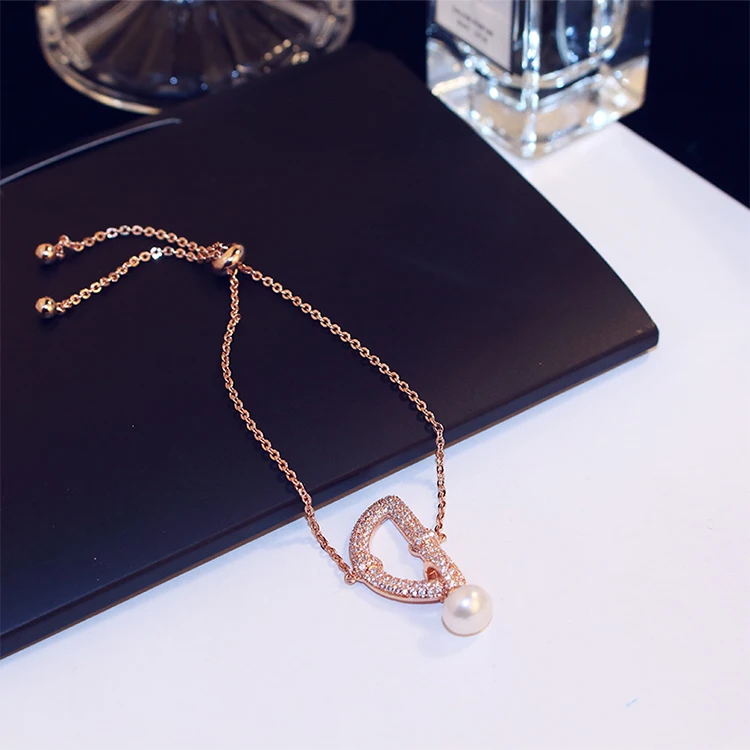 Elegantné Prírodné Perly Crystal Kúzlo Náramok pre Ženy CZ Kryštály Nastaviteľné Rose Gold Reťazca Náramky Šperky
