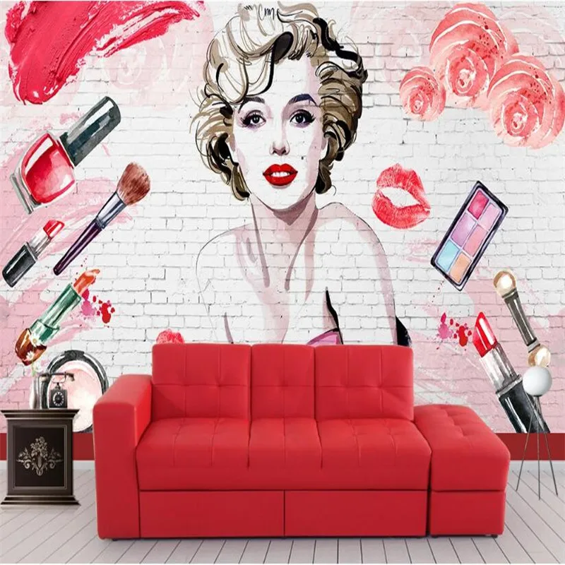 Európske a Americké Monroe Kozmetika Tehlovej Steny Papier 3D Nail Salon make-up Shop Priemyselných Dekor Pozadí nástennú maľbu, Tapety 3D