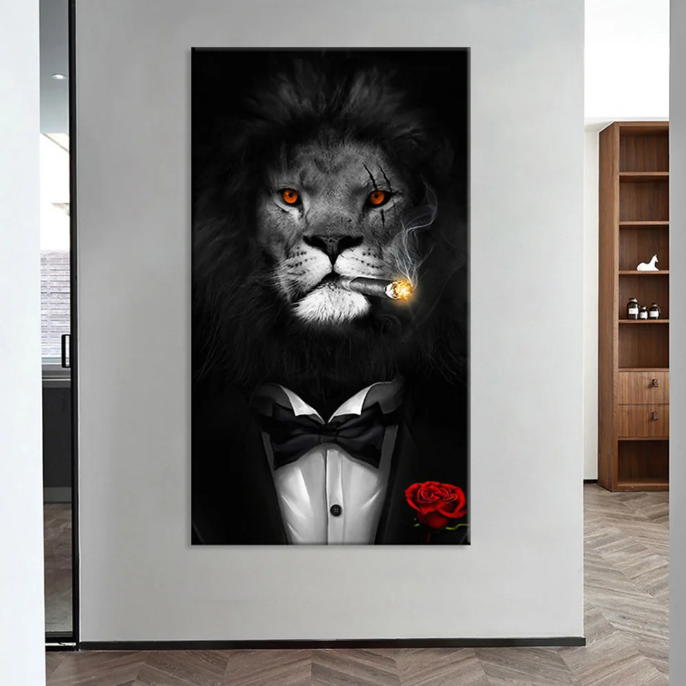 Fajčenie Lev Plátno na Maľovanie Obleku Gentleman Zviera Tlače Plagát na Stenu Umenie Obrázok pre Obývacia Izba Domova (Bez Rámu)