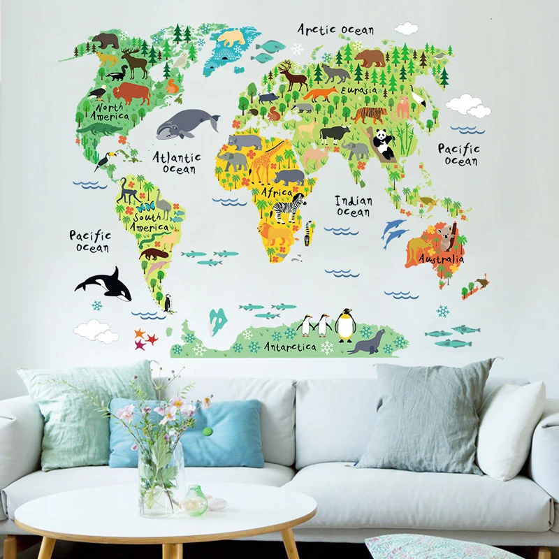 Farebné Zvierat, Mapa Sveta Vinyl Umenie Stenu Nálepka pre Deti Izba Domova 3D Nálepky Kreatívne Steny Kotúča, pre Obývacia Izba Nálepky