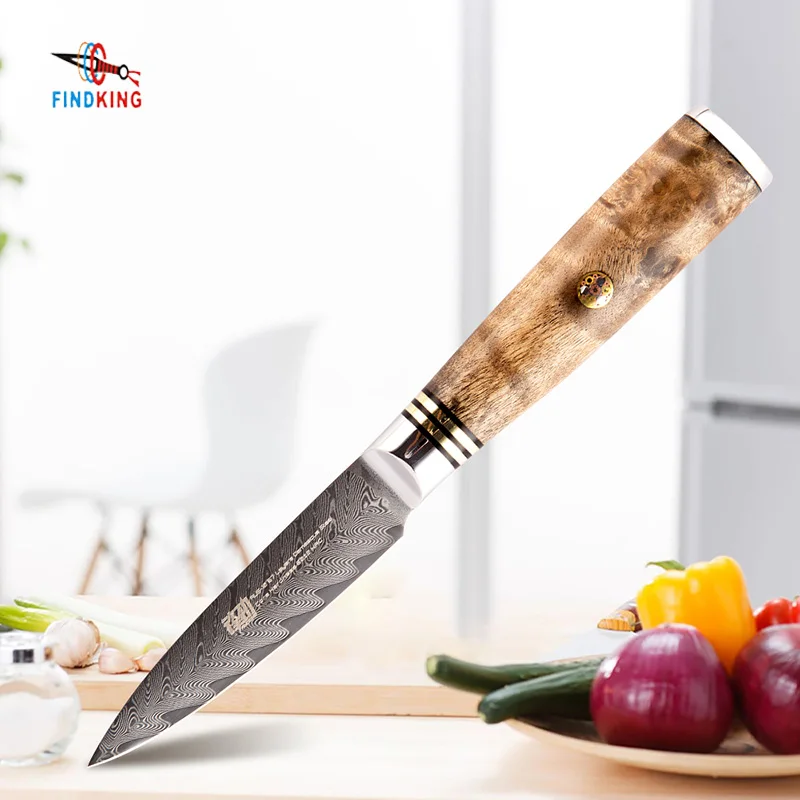 FINDKING 3,5 palcový damasku nôž šípku vzor drevo Sapeli rukoväť AUS-10 damasku ocele frézovanie nôž 67 vrstvy ovocia nože