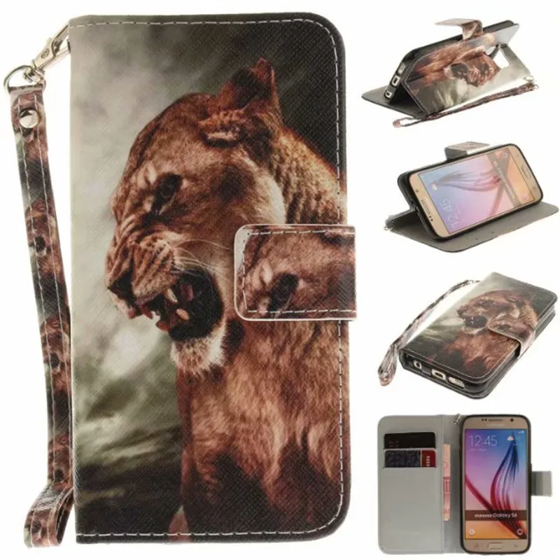 Flip Peňaženky obal Pre Samsung Galaxy S6 Prípadoch Coque Zvierat Vlk Sova Tiger, Lev Maľované PU Kožené Telefón tašky príslušenstvo Kryt
