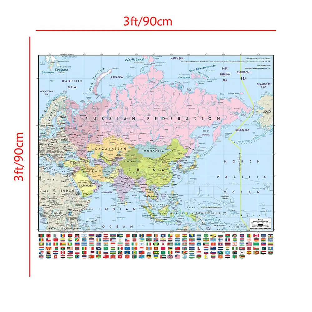 Formát mercator Premietacie Podrobná Mapa Ázie S Národnej Vlajky 90x90cm Non-tkané Nepremokavé Mapu