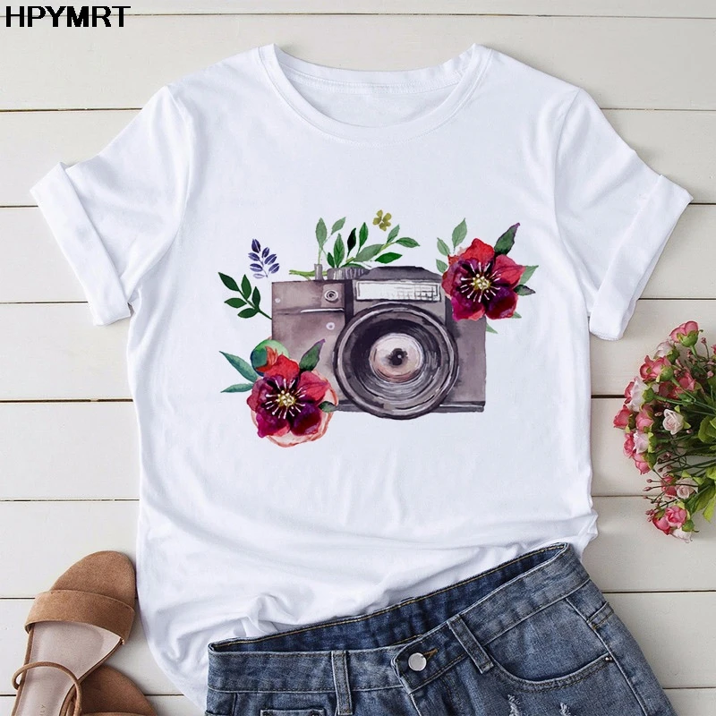 Fotoaparát kvet Print T Shirt Ženy 2020 Nové Letné Páry, Milenci, Žena T-Shirt Harajuku Bežné Biele Topy Tričko femme oblečenie