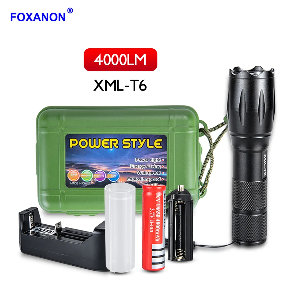 Foxanon Led Baterka XML-T6 Linterna 4000 Lúmenov Outdoor Camping Výkonné Led Baterky Nepremokavé 1*18650 alebo 3*AAA Strane Svetla