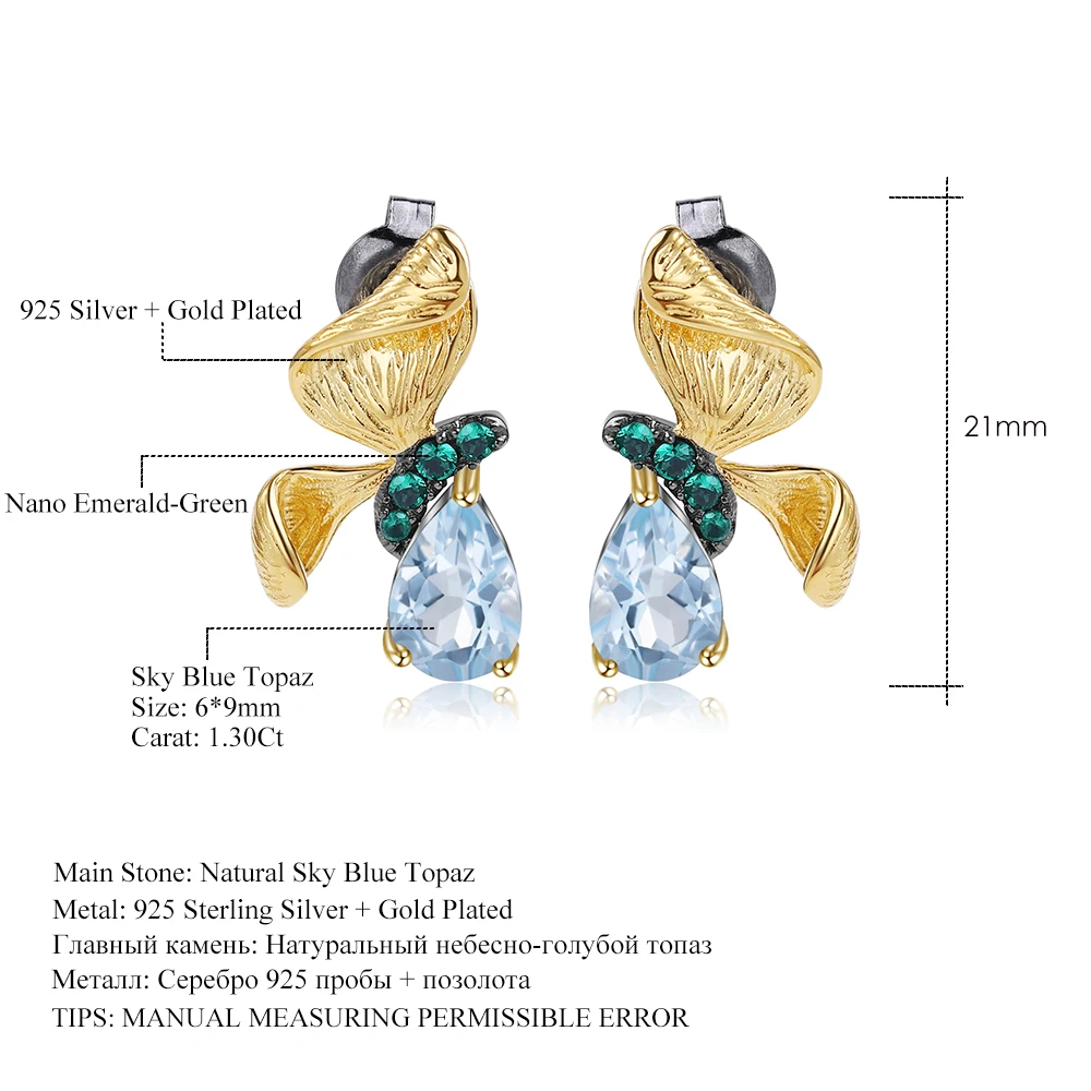 GEM BALET 925 Sterling Silver Jemné Šperky 3.15 Ct Prírodné Sky Blue Topaz Ručné Motýľ Stud Náušnice pre Ženy Brincos