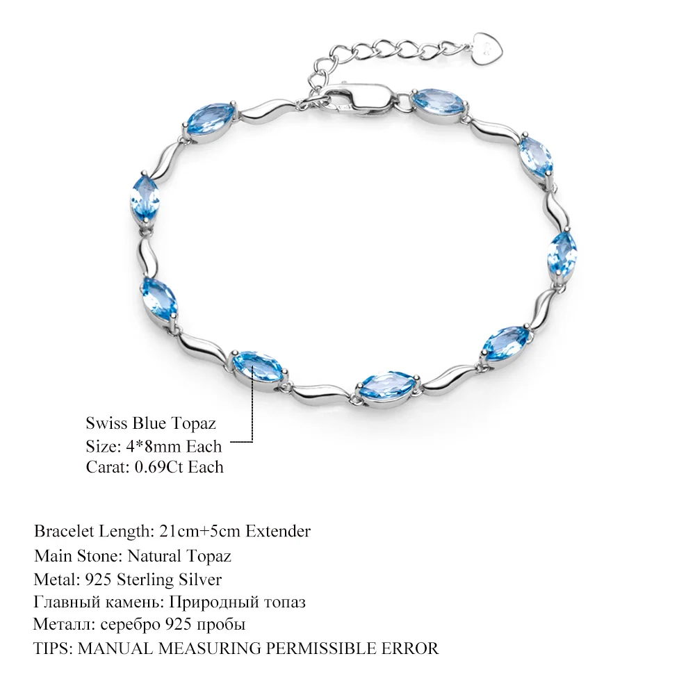 GEM BALET Marquise Tvar 6.25 Ct Swiss Natural Blue Topaz Náramok 925 Sterling Silver Náramky Pre Ženy Darček Jemné Šperky