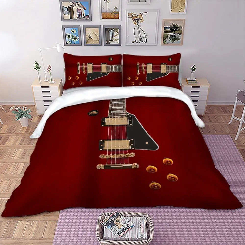 Gitara posteľná bielizeň Nastaviť červená farba Perinu Kráľovná Veľkosti Jedného Twin Manželskou posteľou King Size domáci Textil, 3ks Dropship