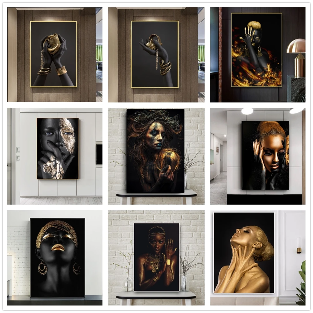 Gold Black Žena Plátno Maľovanie Africké Umenie Žena Plagáty Moderné Obrazy na Steny v Obývacej Izbe Obrázky Domáce Dekorácie Cuadro