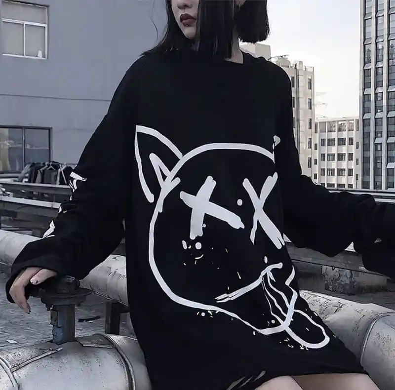 Gotický mikina Ženy kórejský príliš dlhý rukáv t shirt hip hop, punk streetwear dievčatá tees Black Voľné Dlhý Rukáv T Shirt