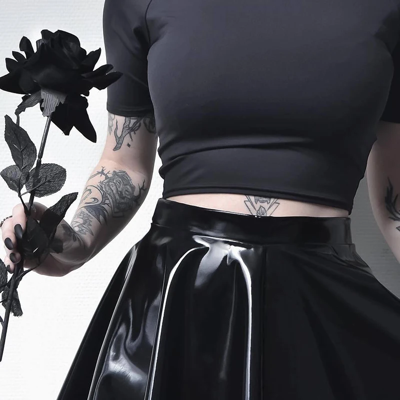 Gotický Čierne Dámske Sukne Harajuku kórejčina PU Kože-Line Sukne Ženy Bežné Vysoký Pás na Zips, Pevné Žena Mini Sukne