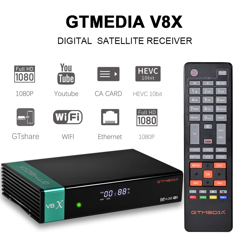 GTMedia V8 Česť V8X,vstavaná WiFi,H. 265,Full HD DVB-S2 satelitný prijímač,podpora Španielsko IPTV a Unicable,ako GTMedia V8 NOVA