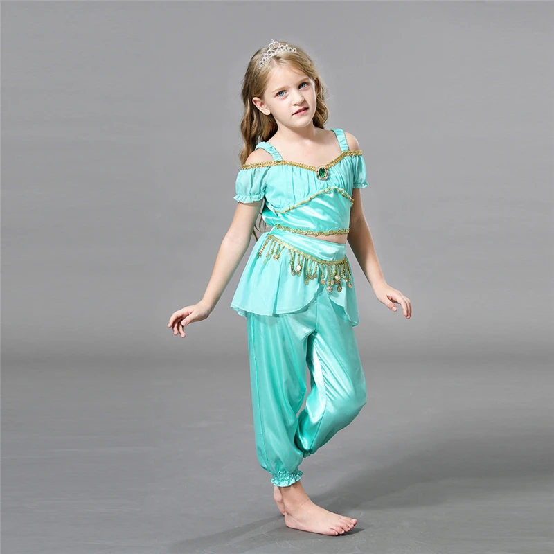 Halloween Aladdin je svetlo Kostým Deti Maškarný Víla Princezná Jasmine Zdobiť Dievčatá Oblečenie Set sa Zelená, Brušný Tanec Oblečenie