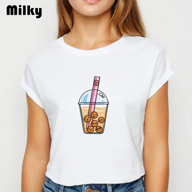 Harajuku kawaii Mačka tlače ženy tričko Letné mlieko čaj ženy tričko 90. rokov ulzzang Krátky Rukáv topy 2020 punk T-shirts