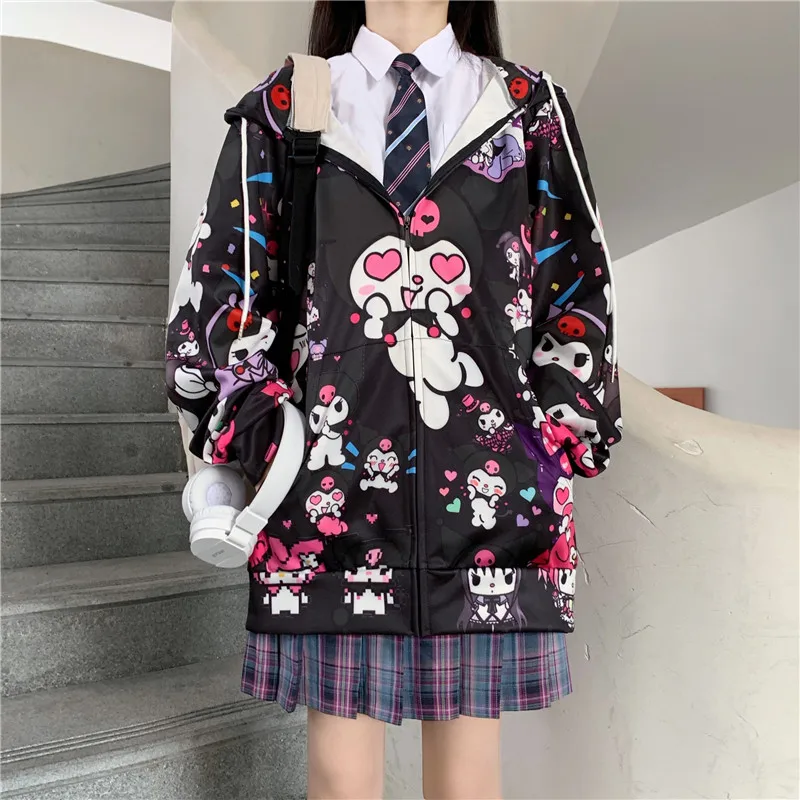 Harajuku Streetwear Roztomilý Kuromi Kabát Cartoon Plus Veľkosť Zips Bunda S Kapucňou Ženy Handričkou Japonskom Štýle Sladkých Dievčat, Vrchné Oblečenie