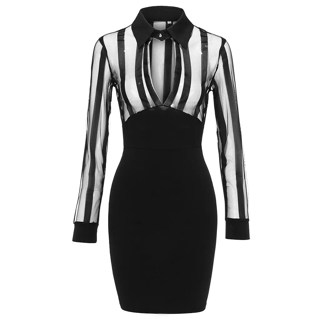 Horúce Nový Štýl 2020 dámske Dlhý Rukáv Obyčajné Čierne Pruhované tvaru Duté Dámske Šaty Bodycon Príležitostné Práce Koleno Šaty vestido