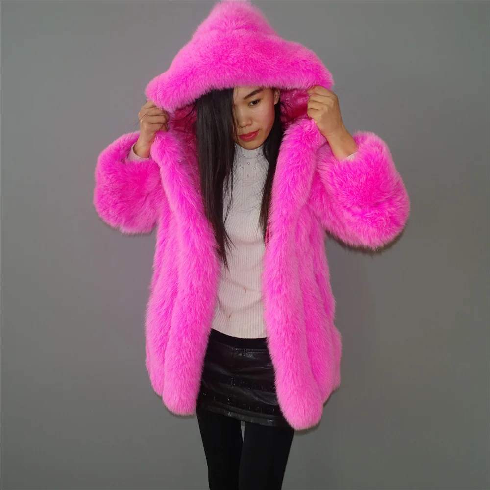 Hot Pink Fox Kožušiny Vertikálne pruhy patchwork kožené stripe hooded kabát outwear dlhý rukáv bunda zimná vetrovka 3Xl,4XL,5Xl,6XL
