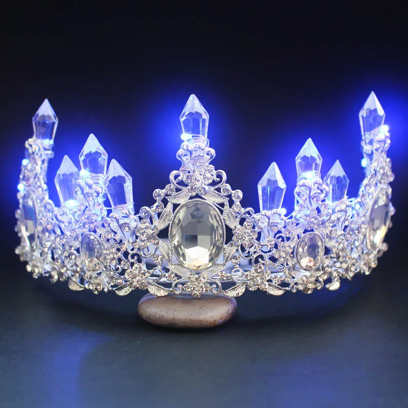 Hot Predaj Veľký Barokový LED Tiara Ženy Crystal Kvetinový Headdress Drahokamu Svetlo Korún Svadobné Doplnky do Vlasov LB