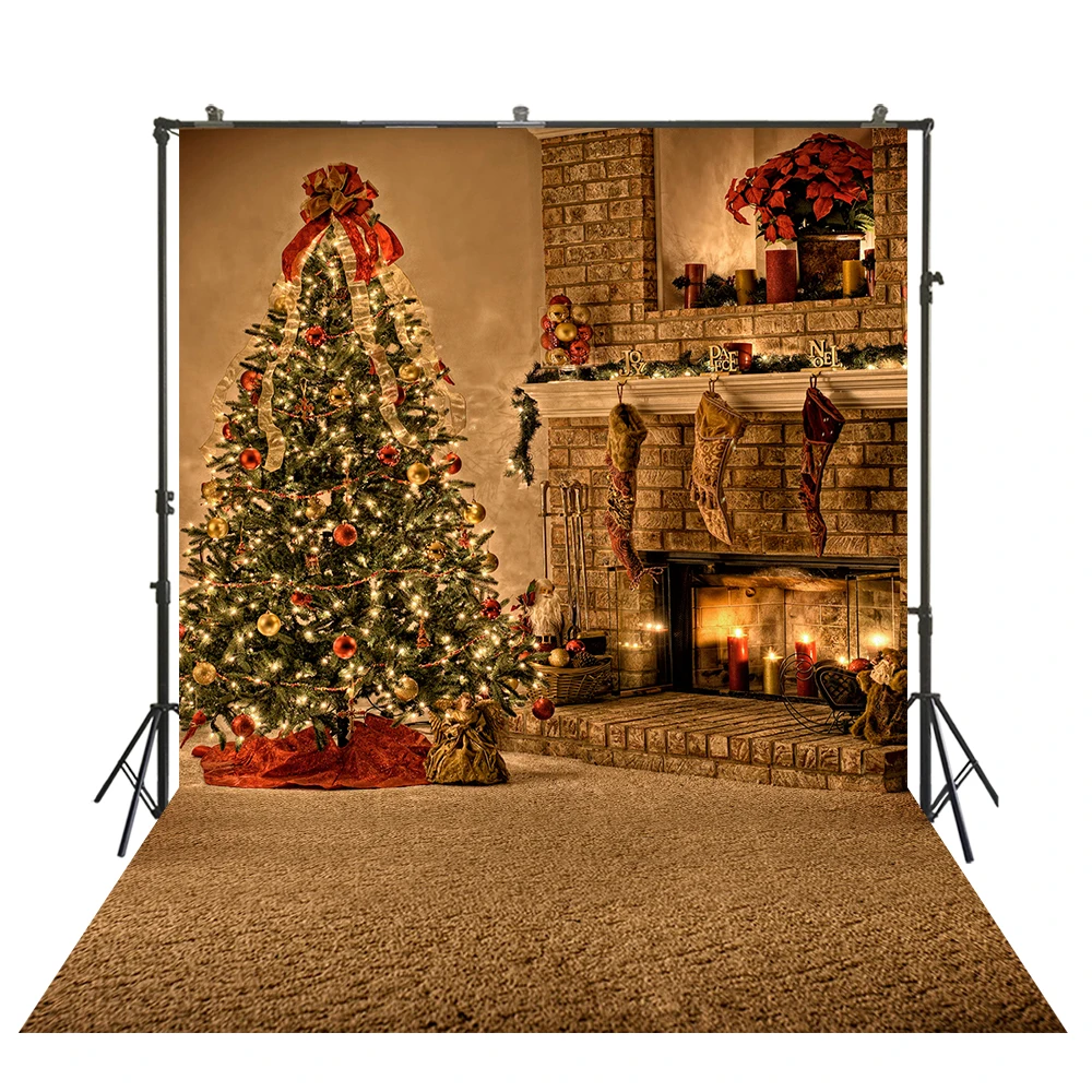 HUAYI fantasy Vianočný stromček a firplce pozadie tortu tabuľka studio stánku banner štedrý deň fotenia dekorácie W-238