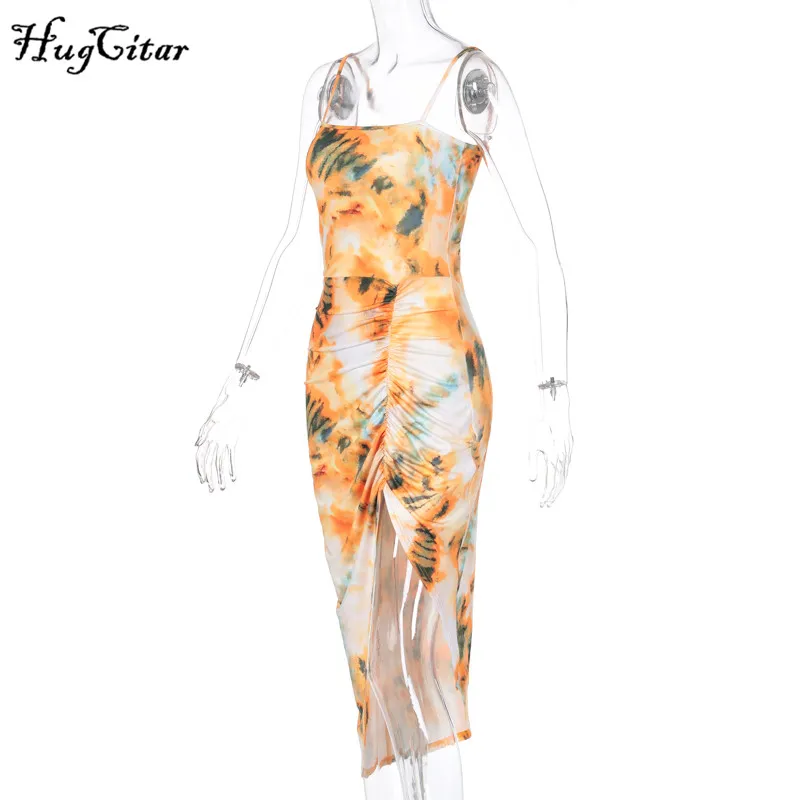 Hugcitar 2020 bez rukávov tie dye štrbinou skladaný sexy letné šaty žien streetwear módy bodycon nepravidelný oblečenie sundress