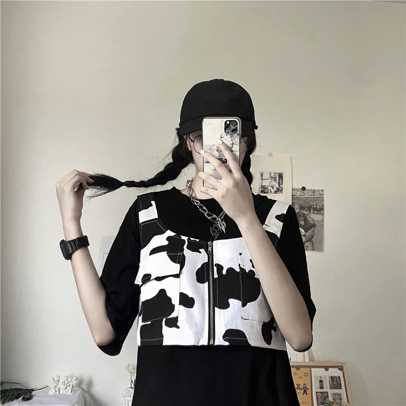 HWLZLTZHT 2020 Nové dámske bez rukávov-bunda Japonský Harajuku vesta ženy jeseň Cartoon krava tlač kabát denim jacket Pre Ženy