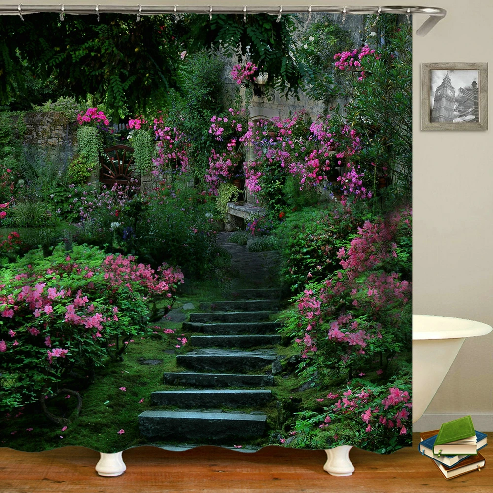 Idylické vidiecke Kvety Európskej Záhrada Sprchový Záves Kúpeľňa Nepremokavé 3d Vytlačené Vaňa Záclony S 12 Háčiky Polyesterovej Tkaniny