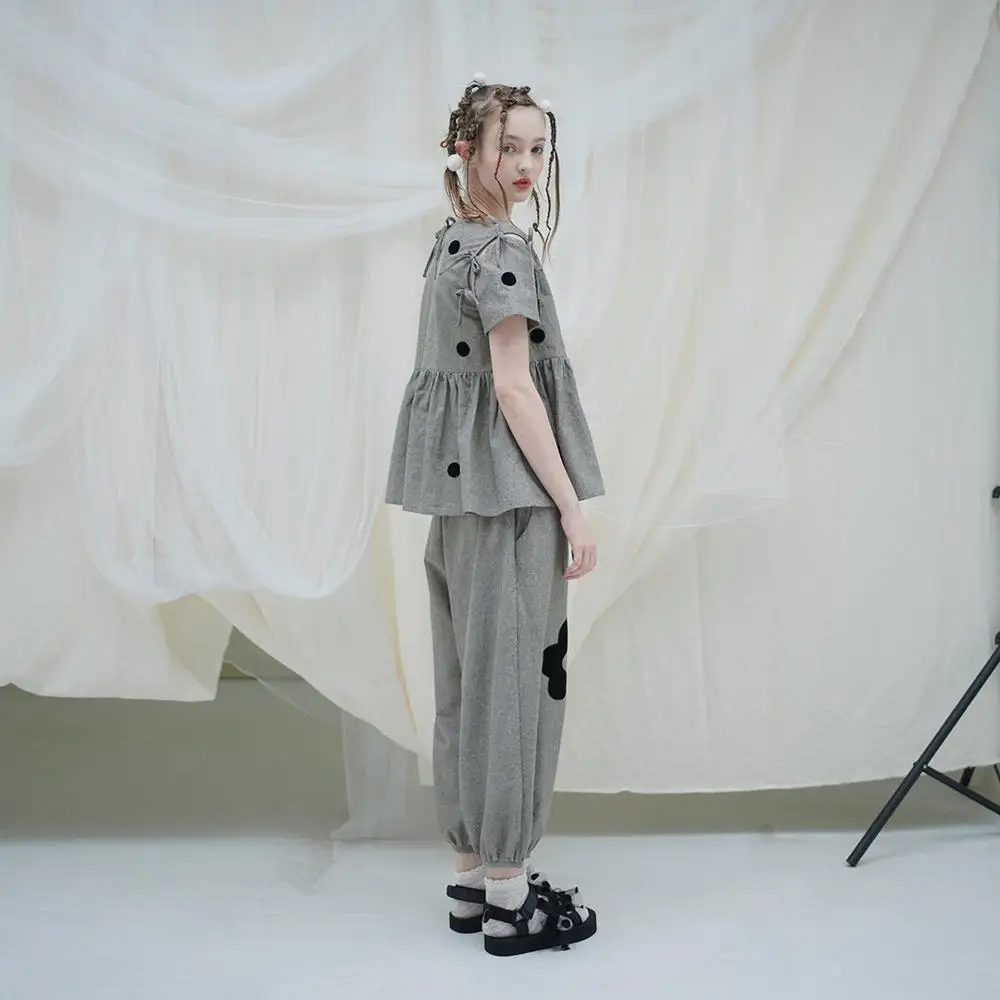 Imakokoni šedá obväz polka dot top originálny dizajn Japonský kolo krku wild T-shirt žena lete 203018