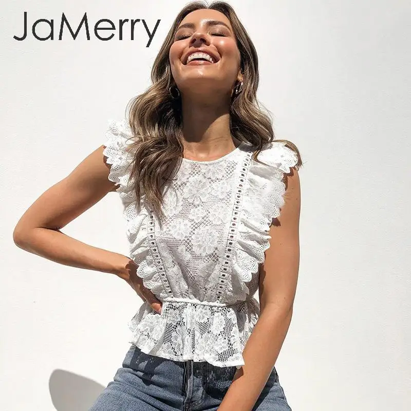 JaMerry Bielej čipky a výšivky ženy tank topy Rozstrapatené duté z o-krku peplum topy žena letné štýl Streetwear dámske topy