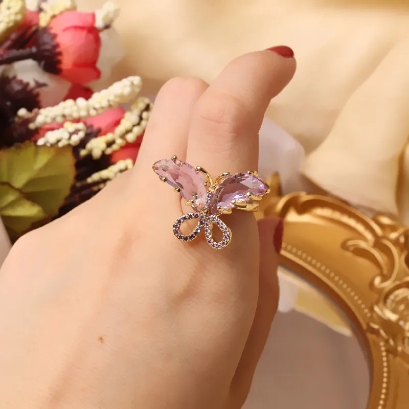 Japonsko a Južná Kórea, nový dizajn a módne šperky nádherné medi vykladané zirkón farba krištálu motýľ otvorenie žena prom krúžok