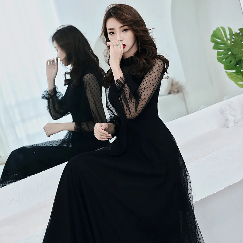Je to YiiYa Večerné Šaty Módne Dot Tlače Čiernej Dlho-line Formálne Šaty s Dlhým Rukávom Šifón Elegantné Party Šaty E016