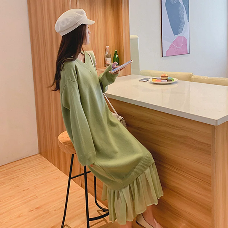 Jeden Kus Odevu Pre Ženy, Elegantné Jeseň Zima Knittrd Sveter Šaty Žena Kórejský Voľné Green Office Žena Slim Midi Šaty