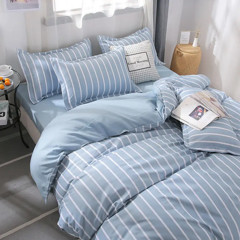 Jednoduché, spálne, štyri-dielna posteľná bielizeň modré a biele pruhy študentské koľaje posteľ list deka sa vzťahujú na tri-kus obliečka na vankúš