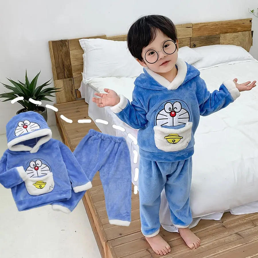 Jeseň Zima Plus Velvet Detí Pijamas Sady Cartoon Doraemon Batoľa Detský Odev pre Chlapcov Teplé Dieťa Boys Sleepwear Oblek