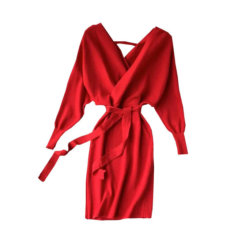 Jeseň Zima Ženy Pletené Svetre Šaty 2019 Nový Kórejský Dlho Batwing Rukáv V Krku Elegantné Šaty Dámske Obväz Šaty