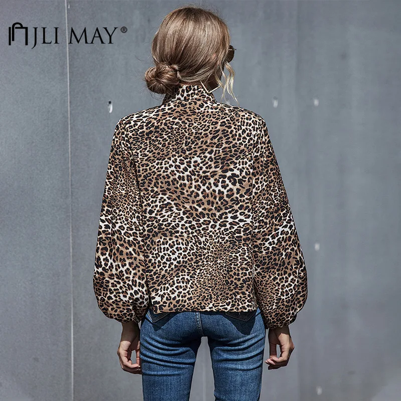 JLI MÔŽU Ženy Leopard Košele Jeseň O-Krku Svietidla Rukáv Príležitostné Voľné Blúzky Streetwear