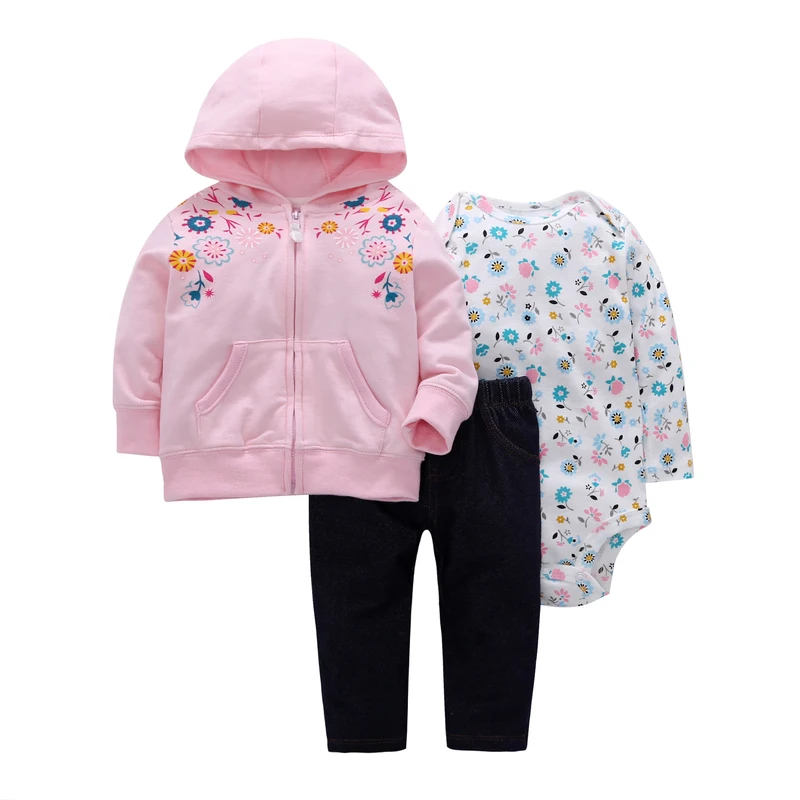 Kabát s kapucňou kvetinový+kombinézu+nohavice dieťa dievča oblečenie nastavené novonarodené chlapec oblečenie, dojčenské oblečenie 2019 jar nový oblek narodil kostým