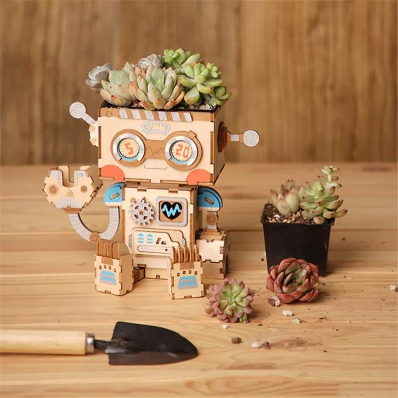 Karikatúra Roztomilý Robot kvetináče Strane Montáž 3D Drevené Puzzle Hry Kreatívne Šťavnaté Hrniec Kvetináč Súpravy Hračiek DIY Narodeninám