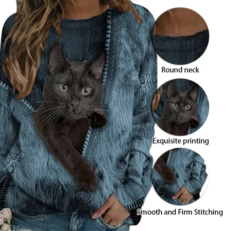Kawaii Black Cat Zips Tlač Ženy, T Košele Crewneck Dlhý Rukáv Bežné Žena Tee Plus Veľkosť Voľné Estetické Košele, Topy 2021