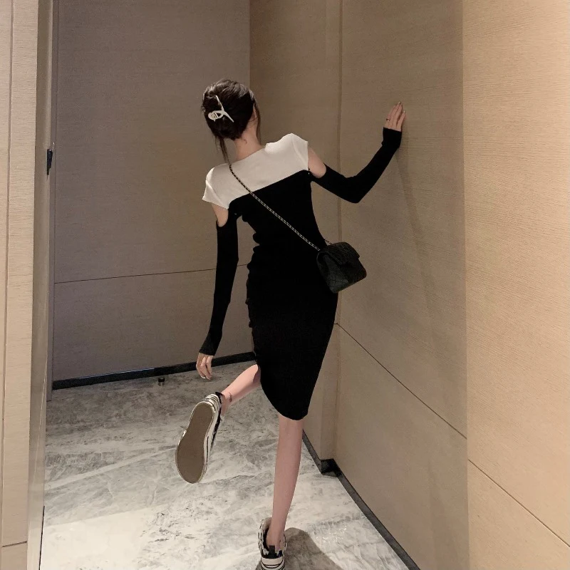 Kimutomo Módne Pletené Šaty Žien Jeseň Zima Kórejský Elegantné Duté Z Black Patchwork Slim Fit Bodycon Vestidos Mujer
