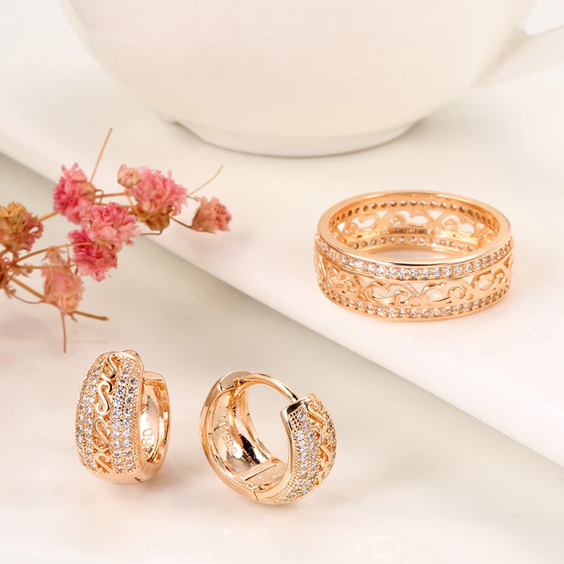 Kinel Hot 585 Rose Gold Ring Náušnice Šperky Set Dvojradu Micro-vosk Vložkou Prírodné Zirkón Krúžky Ženy, Svadobné Vintage Šperky