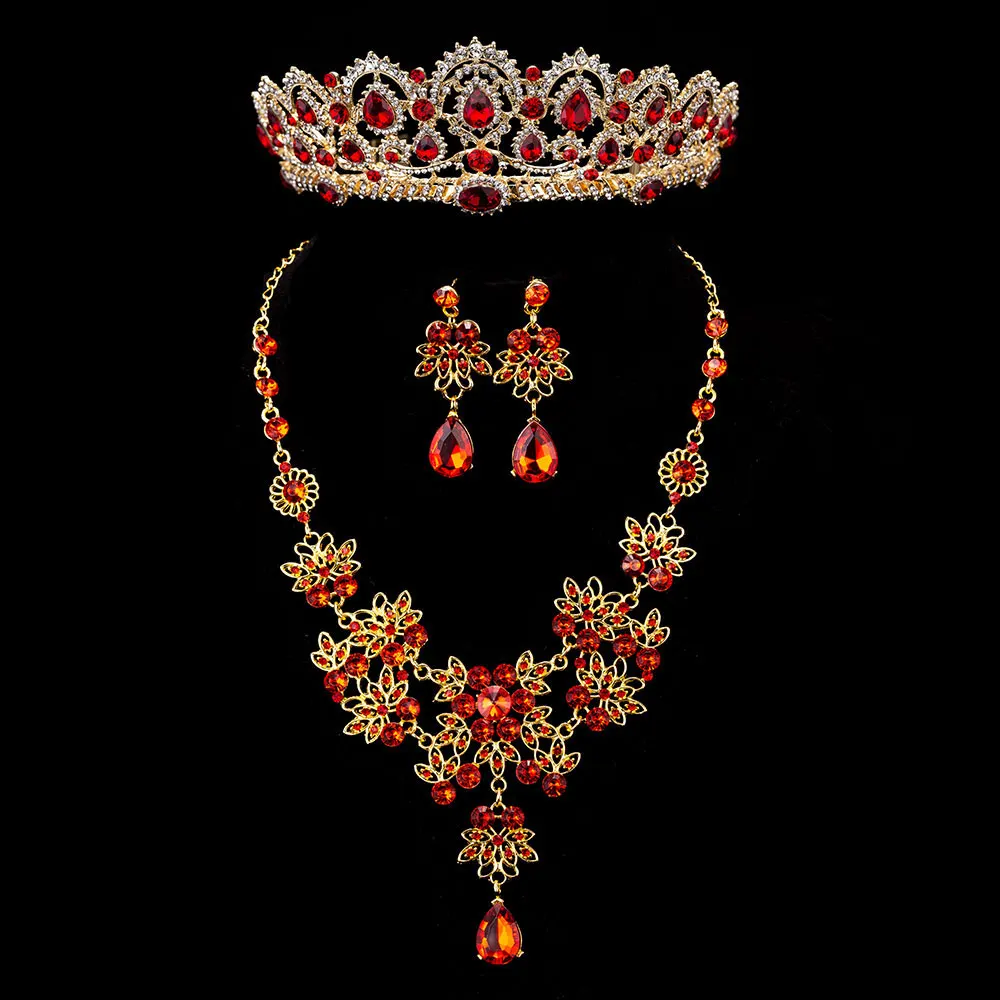 KMVEXO 3KS Barokový Vintage Zlato Red Crystal Svadobné Šperky Sady Drahokamu Tiaras Koruny Náhrdelníky Náušnice Nastaviť Svadobné Príslušenstvo