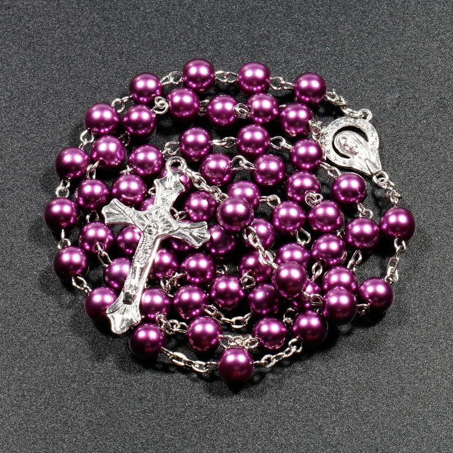 KOMi Retro Ježiš Kríž, Ruženec Dlho Imitácia Perly Náhrdelníky 7 Farby Korálikov Štýlový Kresťanských Mužov je Malá Modlí Šperky R-286