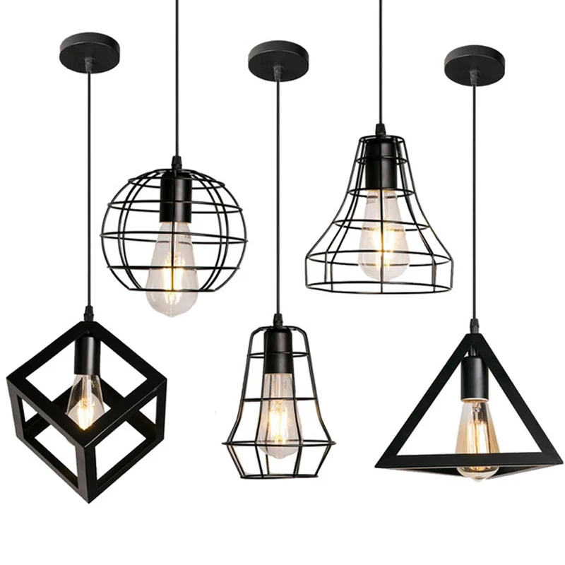 Kreatívne 23 Druhov Retro Black Birdcage Prívesok Svetlá Nordic Železa Minimalistický E27 Loft Pyramídy Prívesok Lampa Kovové Závesné Lampy
