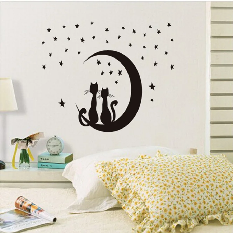 Kreatívne nálepky pár mačka na mesiaci hviezda wall odtlačkový nástenné maľby Nordic štýl pre obývacie izby, spálne, diy domova tapety