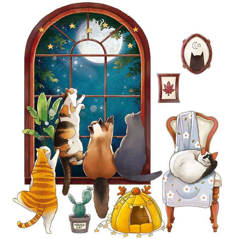 Kreslených Mačka Stenu, Nálepky Nočnej Oblohe, Okná, Spálne, detskej Izby Samolepiace Dekorácie Estetické Tapety